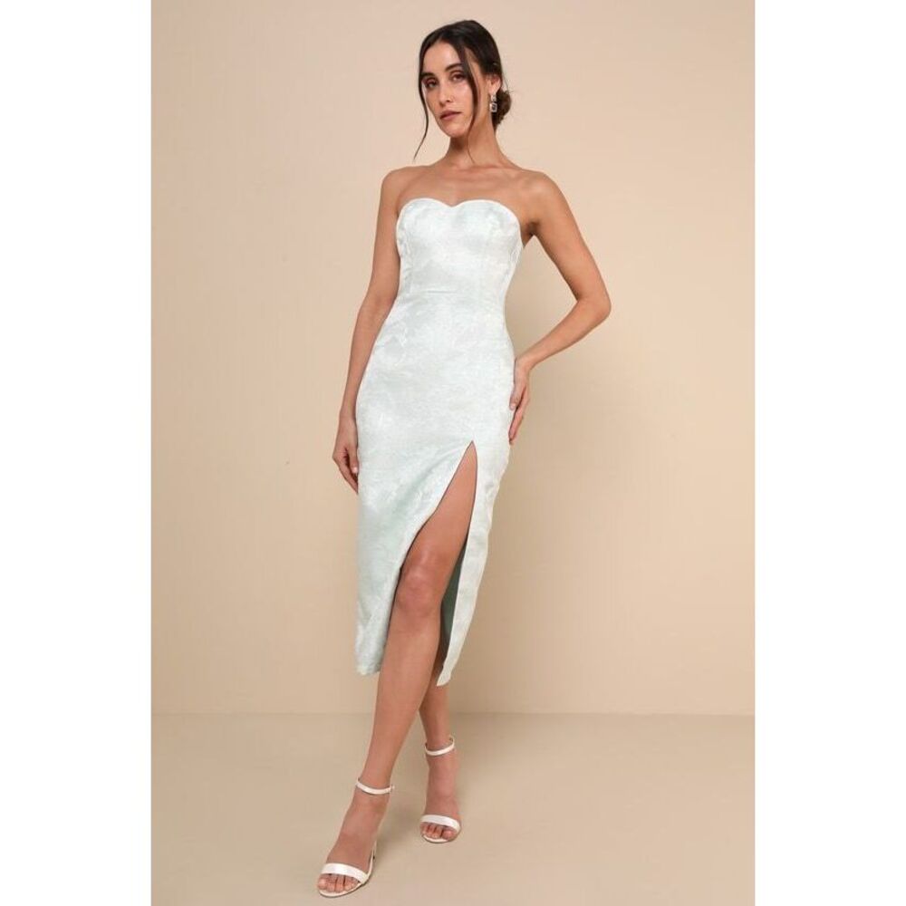 Lulus Beloved Belle Mint Green Jacquard Strapless Bow Midi Dress - Size S